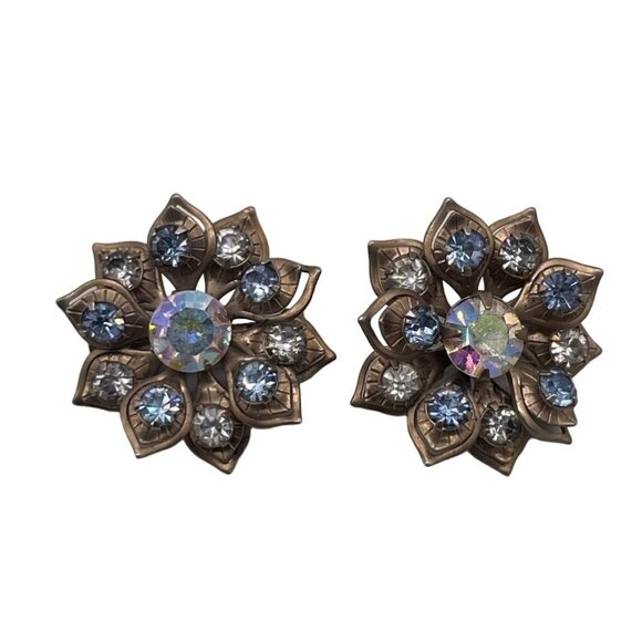 N/A Jewelry - Set of 2 Blue Rhinestone Engraved Brooch Pin Brass Tone Minimalist Everyday